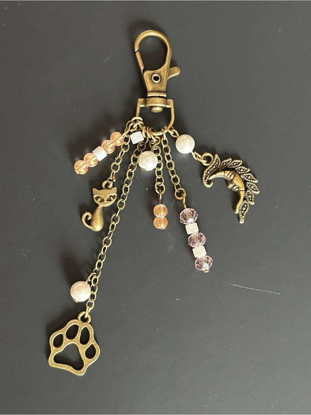 Antique Gold Cat Paw & Charm Dangle for purse or keys — Pink Bead Accents